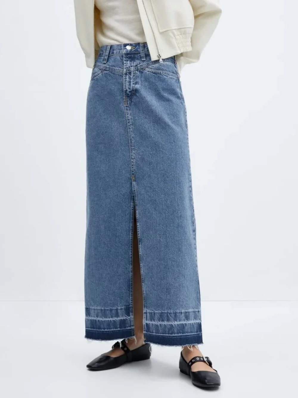 MNG Blue Denim Maxi Skirt Size L Front Slit Open Hem Cotton Size L